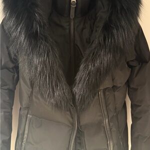Mackage Black Puffer Coat with Faux Fur Trim